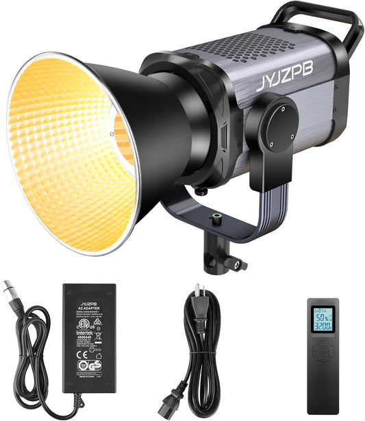 JYJZPB 200W COB LED Video Light with Remote Control, All Metal Bi Color COB Continuous Output Lighting with 60000Lux/1m 3200K-5600K CRI/TLCI97 for YouTube/TikTok/Video Recording