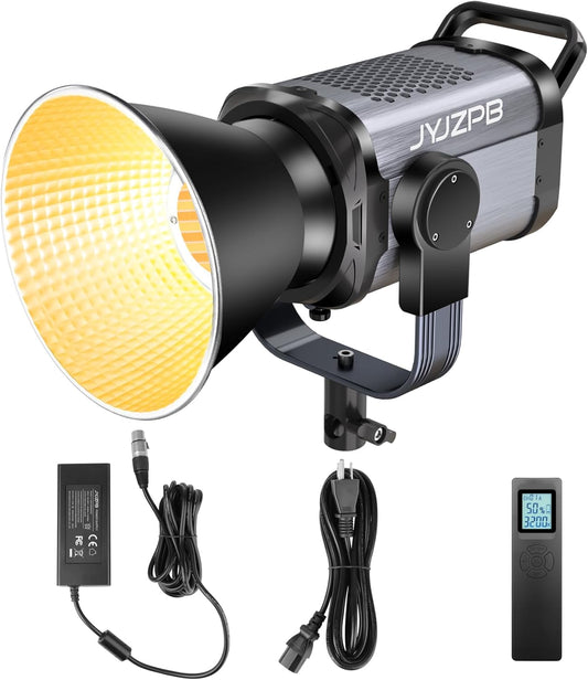 JYJZPB 100W COB LED Video Light with Remote Control, All Metal Bi Color COB Continuous Output Lighting with 30000Lux/1m 3200K-5600K CRI/TLCI97+ 12 Effects for Video Recording