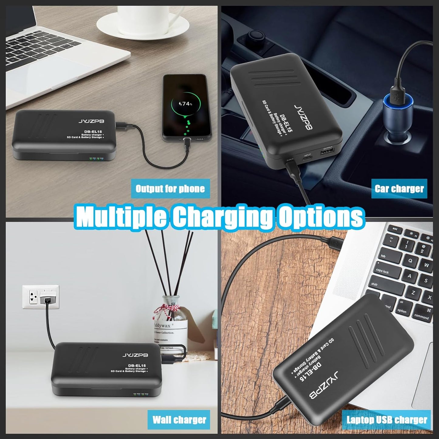 JYJZPB EN-EL15 EN-EL15B EN-EL15C Battery Charger with 2 SD Card Slots and USB Output Fit for Nikon D7500, ZF, Z8, Z7, Z6, D500, D600, D850, D7000, D7100 Camera Batteries (Battery Charger Only)