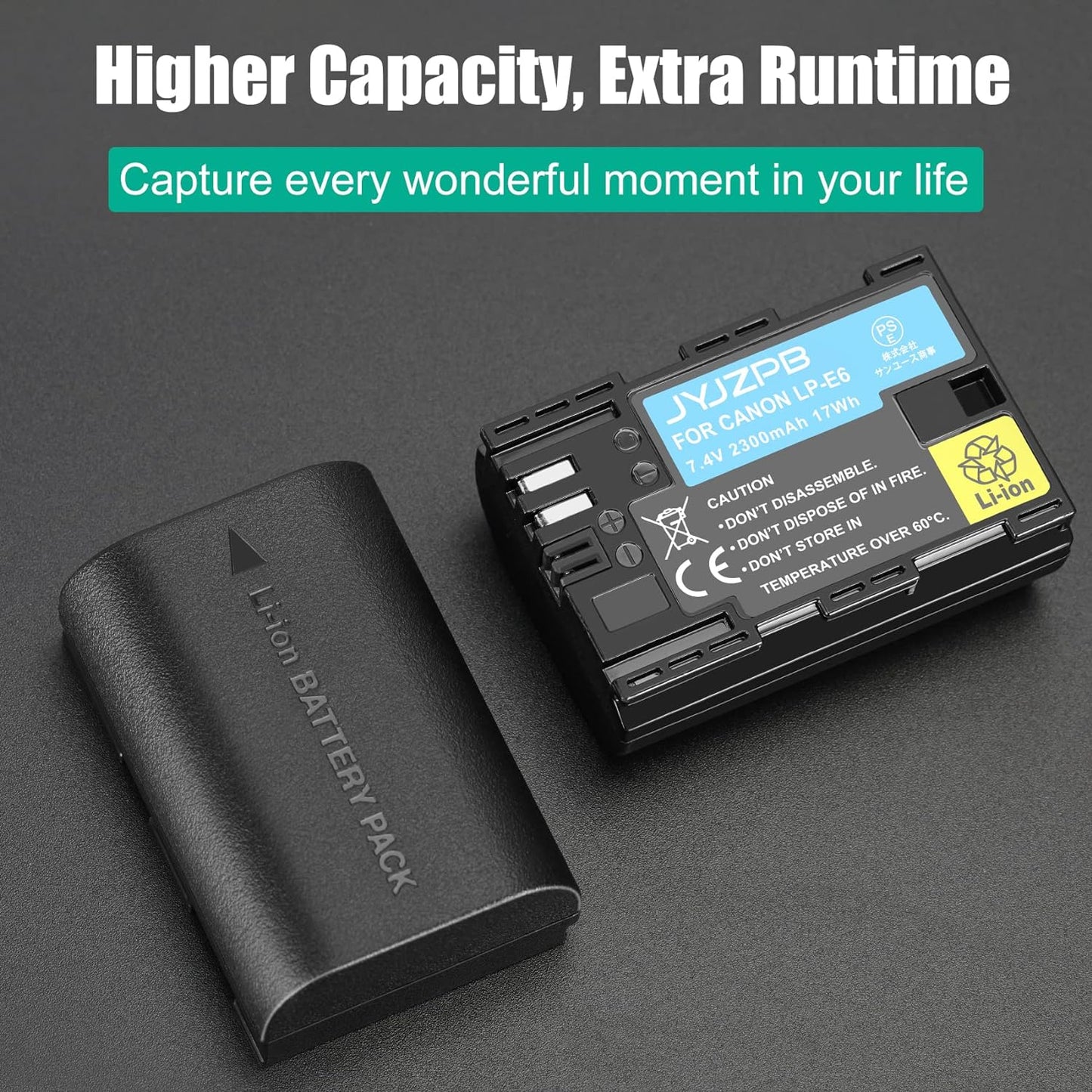 2 Packs JYJZPB LP-E6N Canon EOS Batteries and LP-E6 Battery Charger Case fit for Canon EOS R, EOS R5, EOS 90D, EOS 60D, 70D, 80D, 5D II, 5D III, 5D Mark IV, 6D, 6D II, 7D, 7D II, XC10, XC15