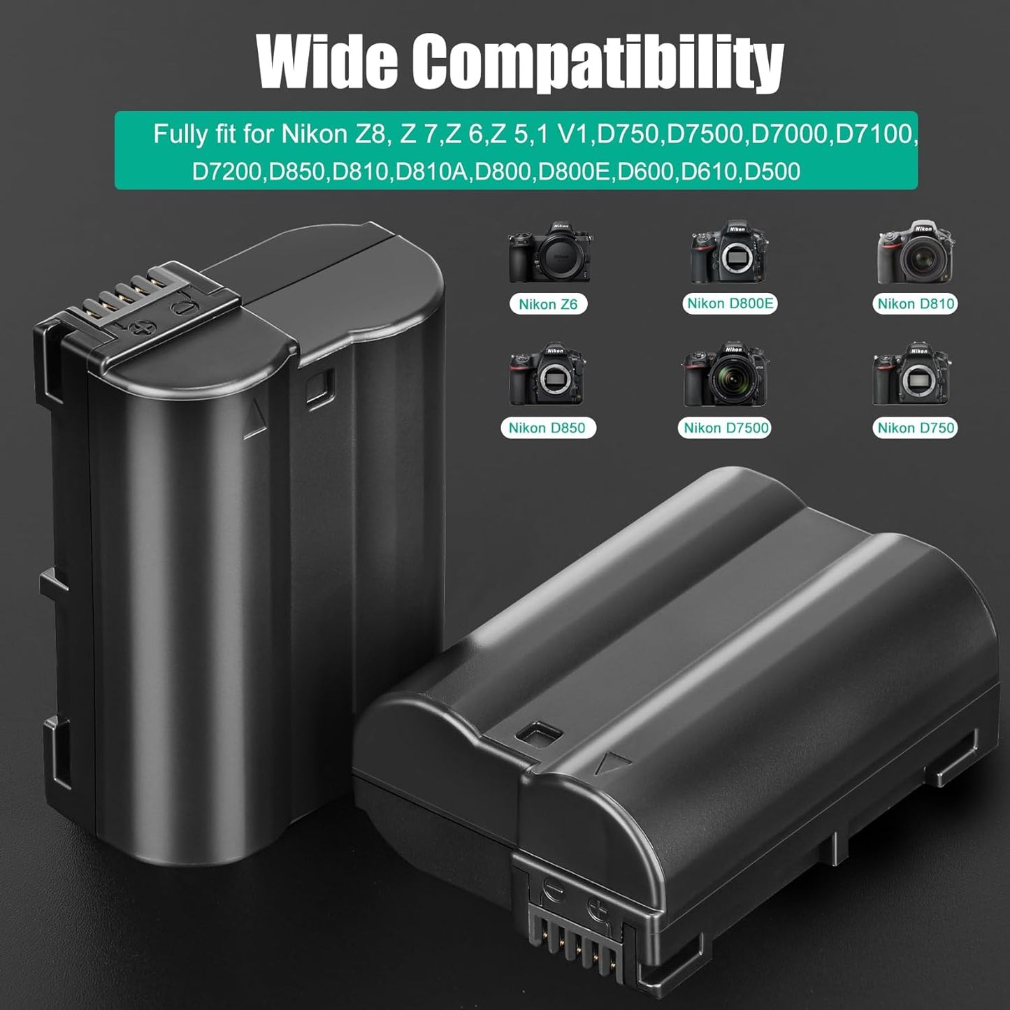 2 Packs JYJZPB EN-EL15B Nikon Camera Batteries Rechargeable and Charger Case for Nikon D7500 Battery, D750 Battery, Z6, Z7, Z8, D500, D600, D610, D810, D800, D800E, D710E, D850, D7000, D7100, D7200