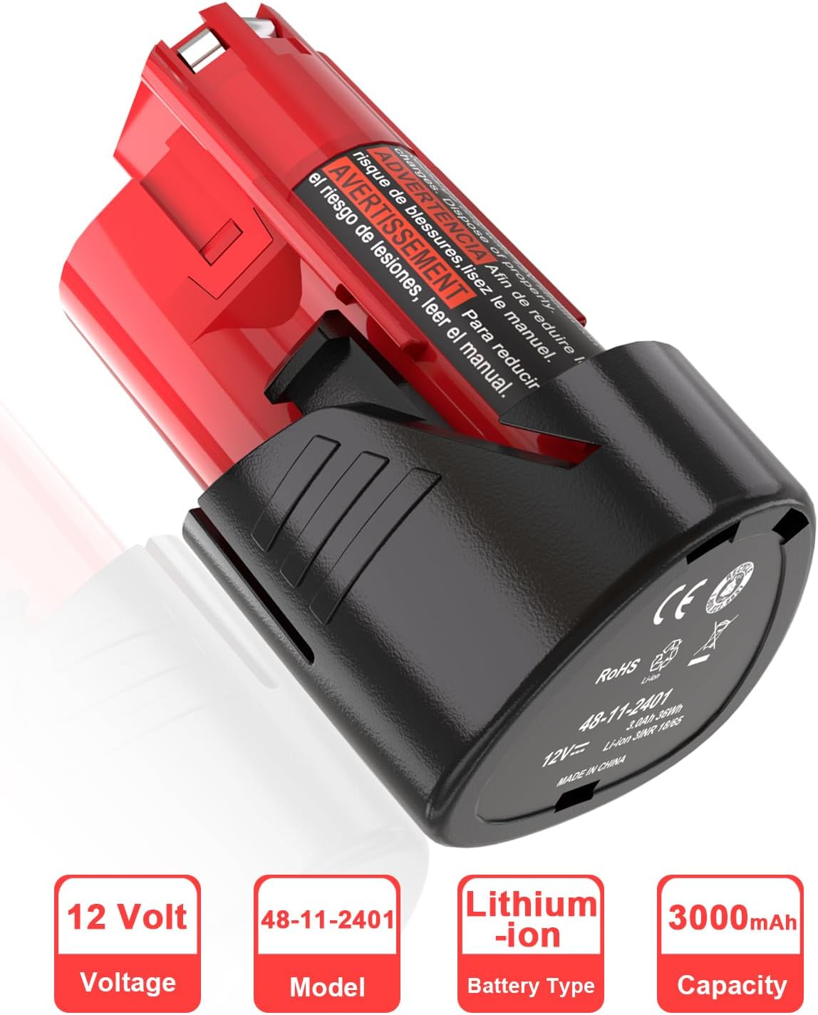 2 Packs JYJZPB 3000mAh 12V Lithium Cordless Tools Battery Compatible for Milwaukee M12 Battery 48-11-2401 48-11-2412 48-11-2411 48-11-2420 48-11-2440