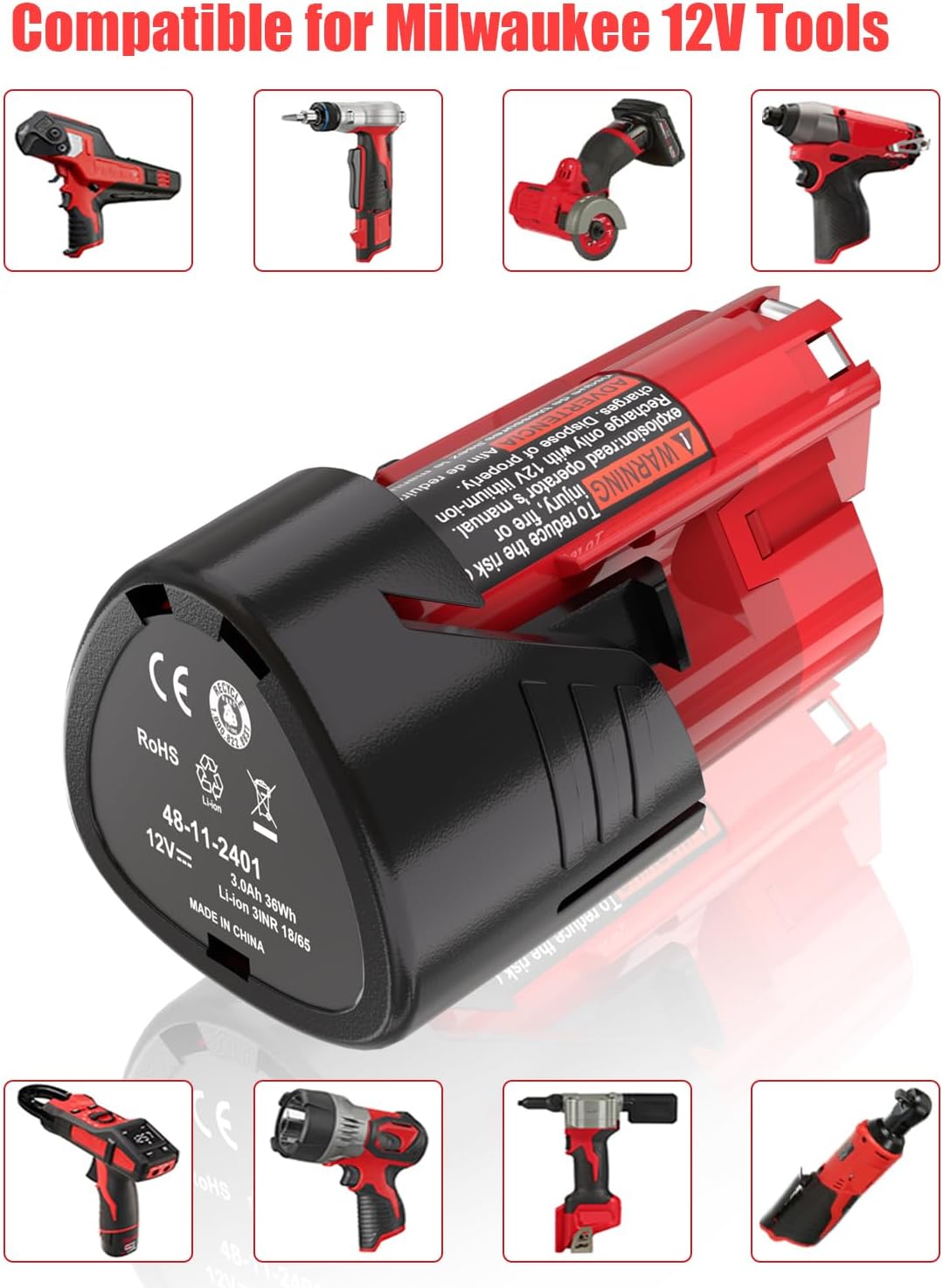 2 Packs JYJZPB 3000mAh 12V Lithium Cordless Tools Battery Compatible for Milwaukee M12 Battery 48-11-2401 48-11-2412 48-11-2411 48-11-2420 48-11-2440