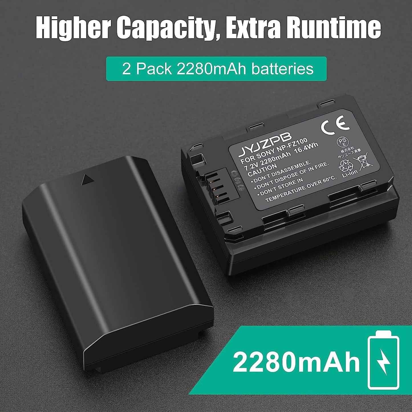 2 Packs JYJZPB NP-FZ100 Camera Battery Replacement and A7iii Battery Charger for Sony A7 III, Sony Alpha A7R III, A7R IV, A9, A6600, Alpha 9S, A7R3 A7S III, A7R III Battery