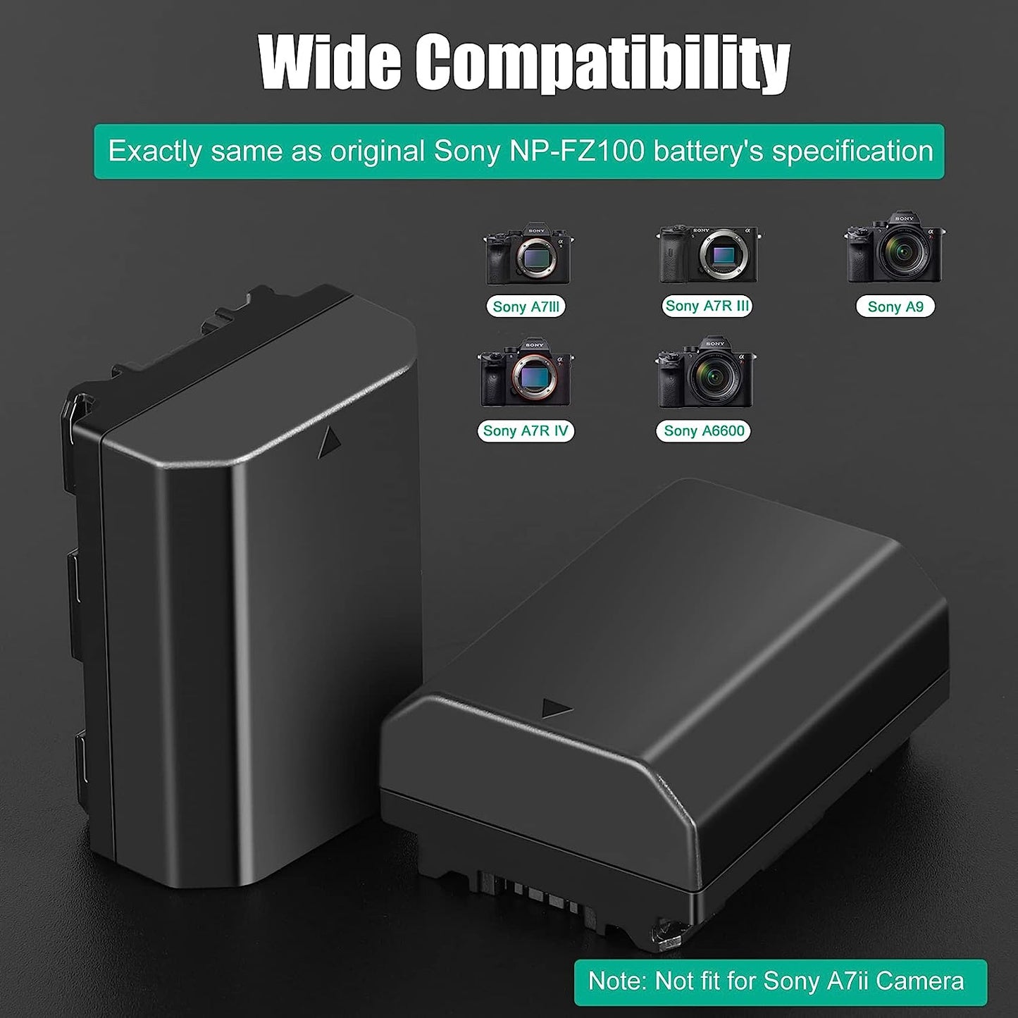 2 Packs JYJZPB NP-FZ100 Camera Battery Replacement and A7iii Battery Charger for Sony A7 III, Sony Alpha A7R III, A7R IV, A9, A6600, Alpha 9S, A7R3 A7S III, A7R III Battery