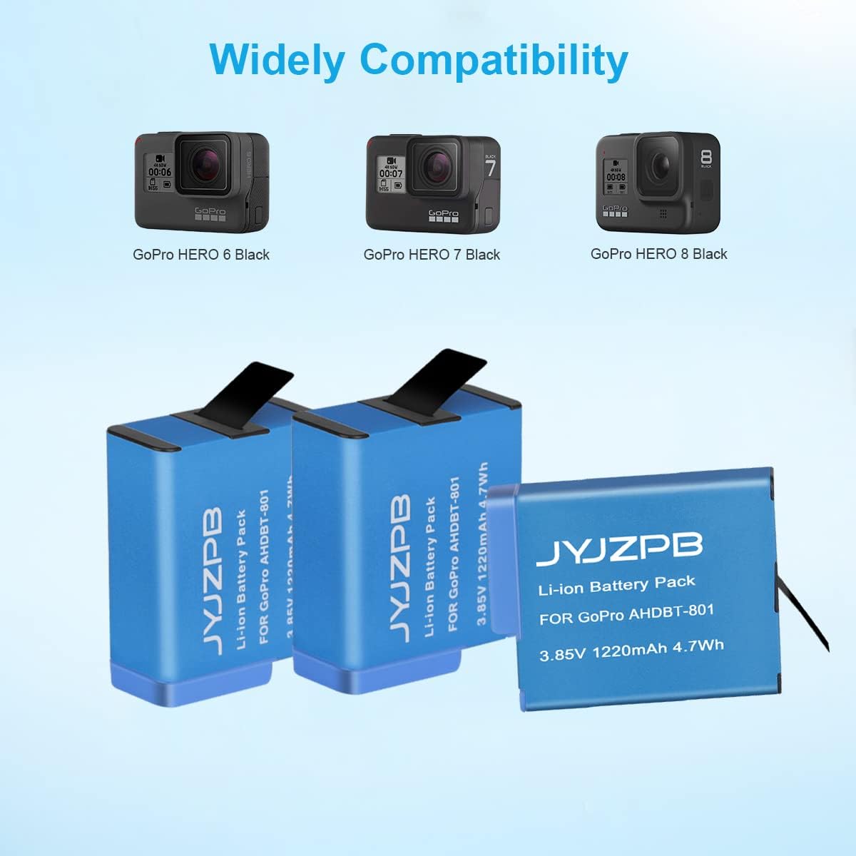 3 Packs JYJZPB Cameras Batteries for GoPro Hero 8 Battery Triple Fast Charger for GoPro Hero 8 GoPro Hero 7 Black and Hero 6/Hero 5 Black, Hero 2018 Cameras Batteries