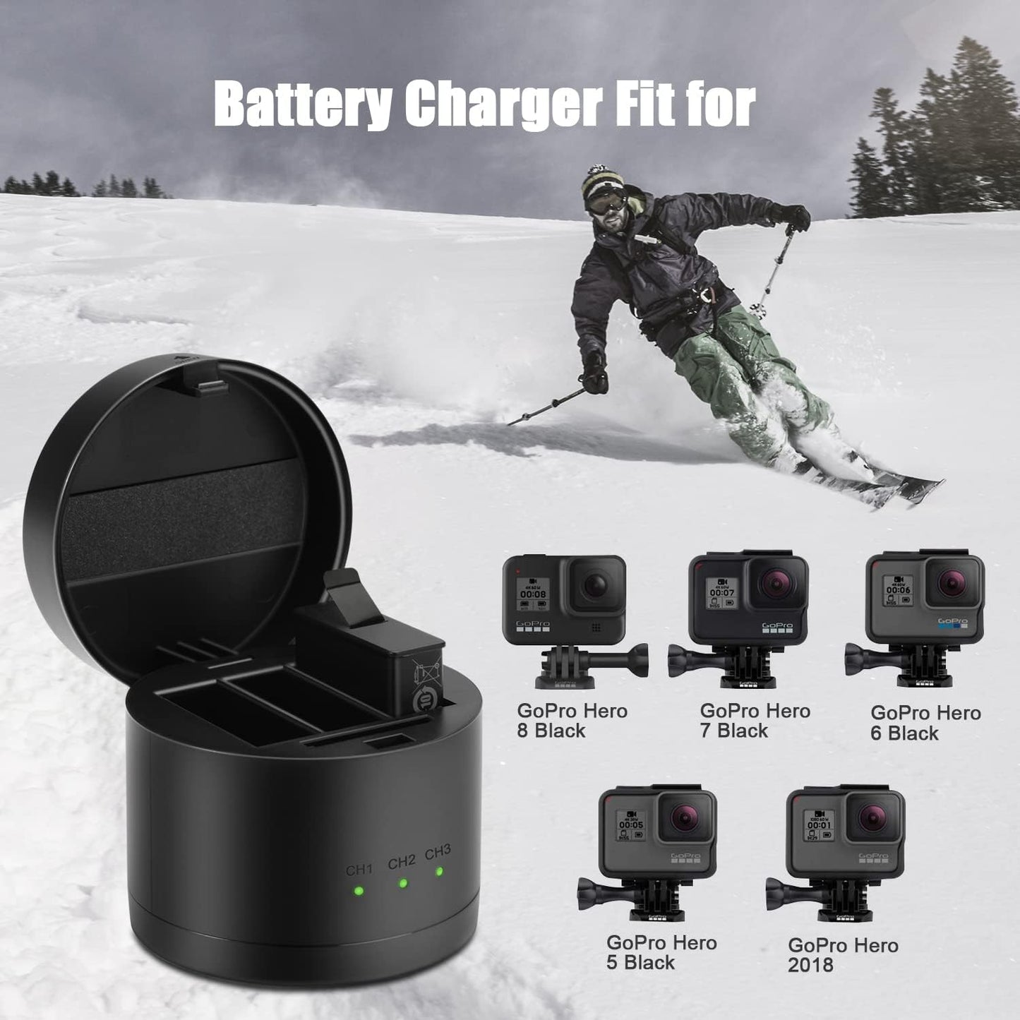 JYJZPB Hero 8/7/6/5/2018 Battery Charger with Three Slots fit for GoPro Hero 8 Battery Hero 7 Black Hero 6 Black Hero 5 Black Hero 2018 Battery(Battery Not Include)