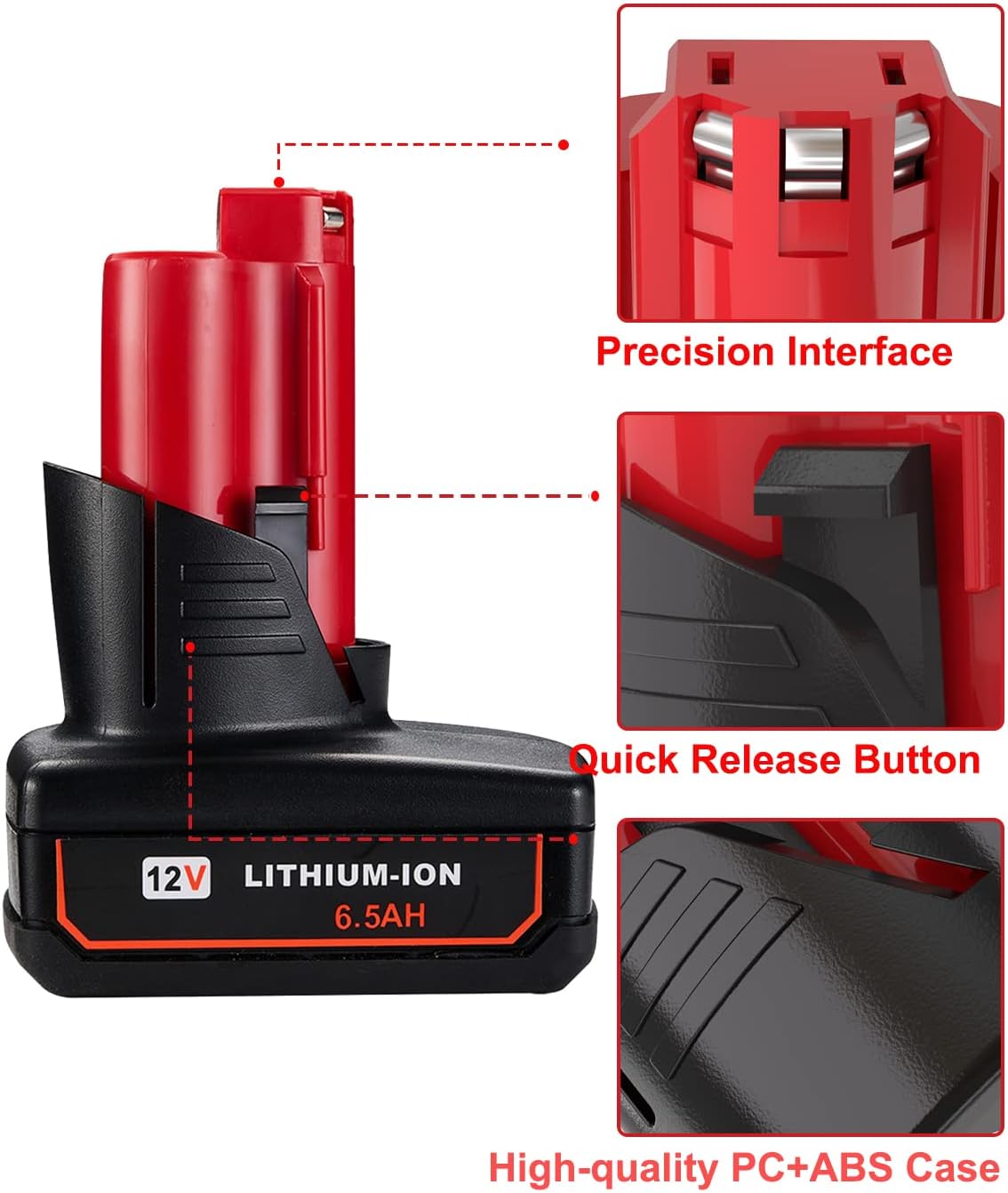 2 Packs JYJZPB 6.5Ah 12V Lithium Cordless Tools Battery Compatible for Milwaukee M12 Battery 48-11-2401 48-11-2412 48-11-2411 48-11-2420 48-11-2410