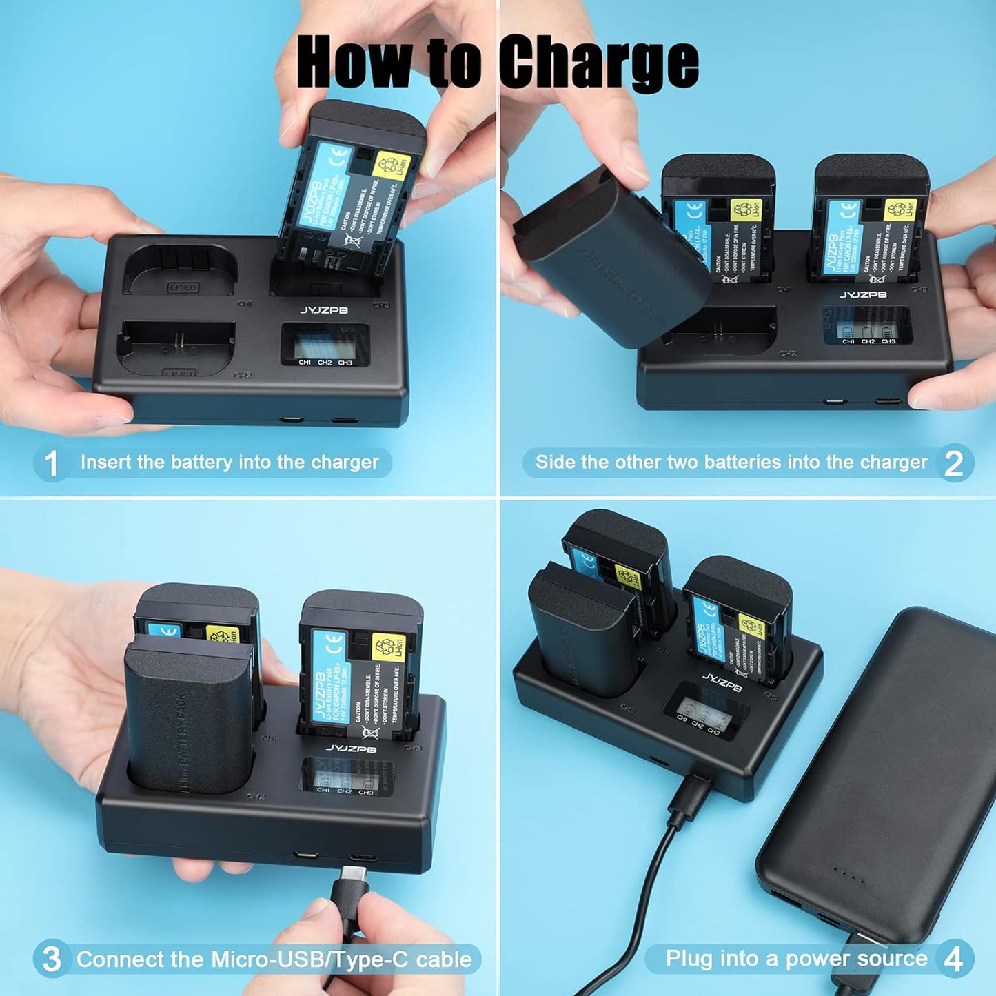 3 Packs JYJZPB LP-E6 LP-E6N Camera Battery Compatible for Canon EOS 5D Mark II III, 5DS R Rechargeable Battery Charger Triple Slot for Canon EOS 80D, 90D, 60D, 70D, 5DS R, 6D, 7D