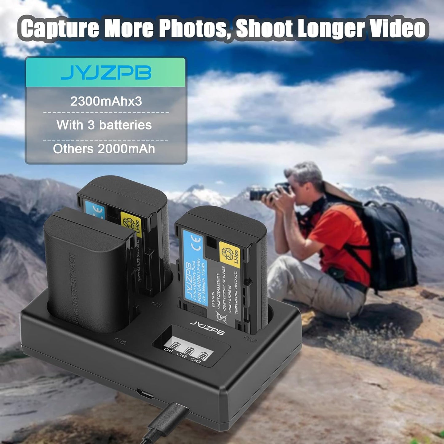 3 Packs JYJZPB LP-E6 LP-E6N Camera Battery Compatible for Canon EOS 5D Mark II III, 5DS R Rechargeable Battery Charger Triple Slot for Canon EOS 80D, 90D, 60D, 70D, 5DS R, 6D, 7D