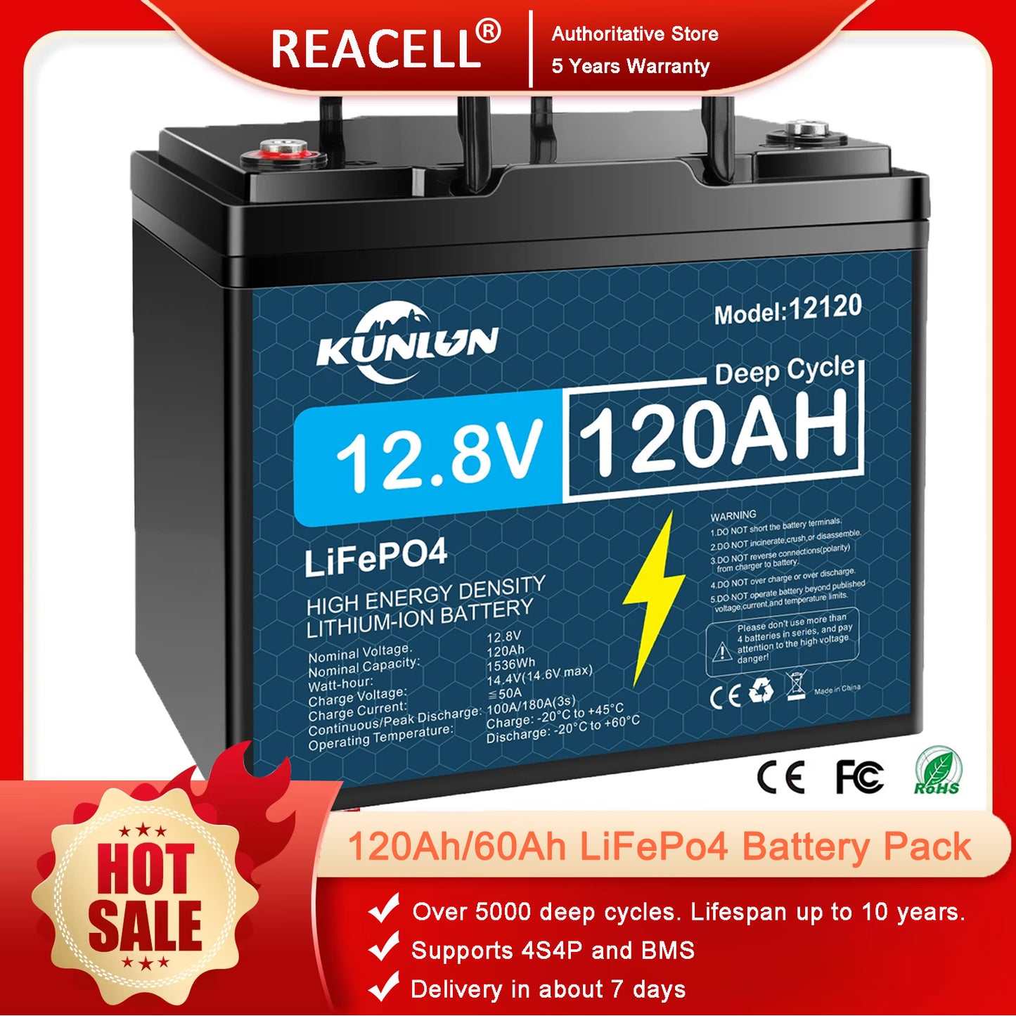 REACELL 12V 120Ah LiFePo4 Battery Pack For 4S4P BMS RV,Boat Motors,Solar Powerlar Wind 12.8V Lithium Iron Phosphate Battery