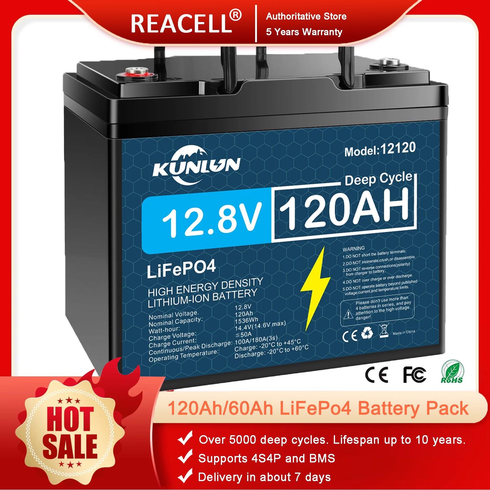 REACELL 12V 120Ah LiFePo4 Battery Pack For 4S4P BMS RV,Boat Motors,Solar Powerlar Wind 12.8V Lithium Iron Phosphate Battery