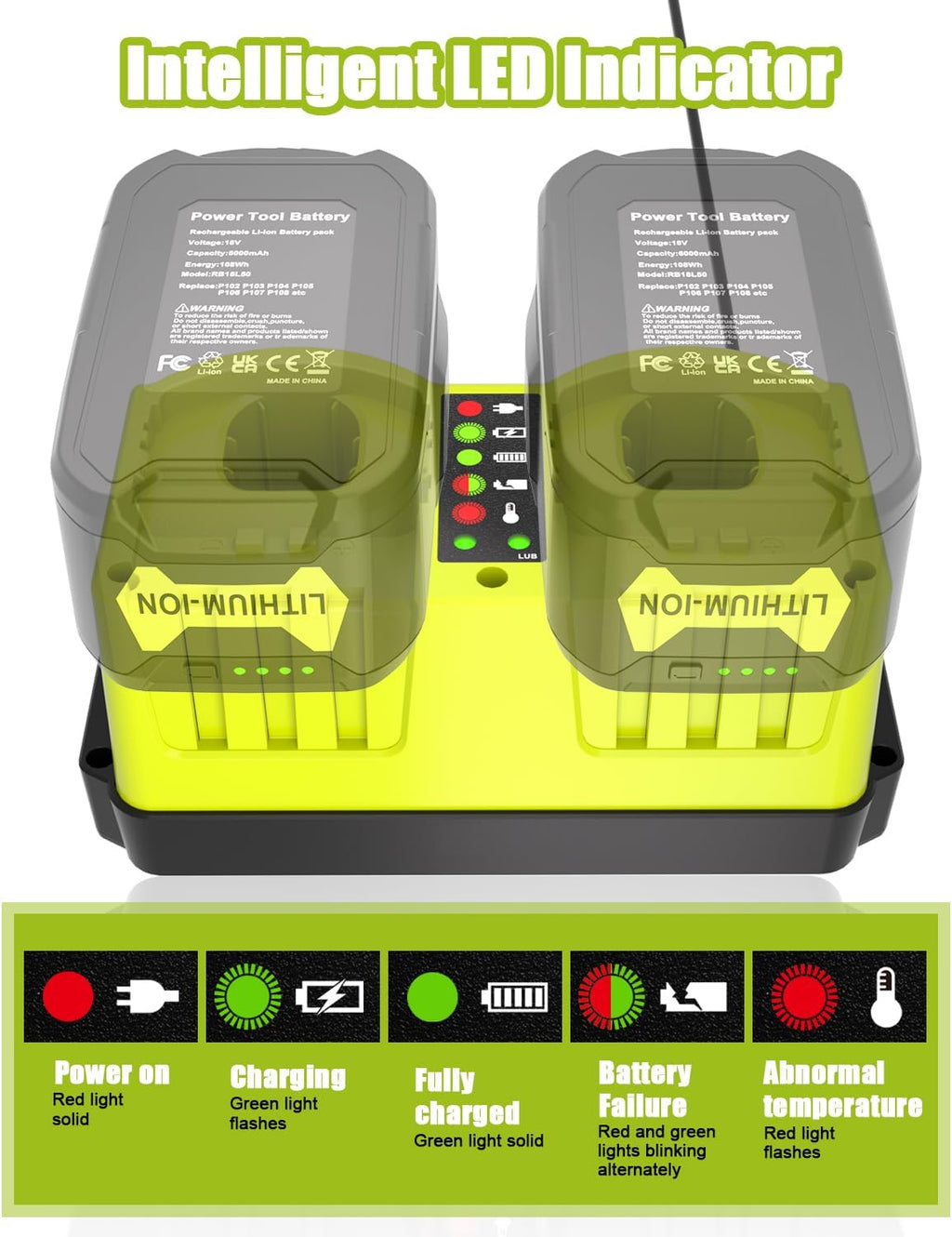 JYJZPB 18V Dual-Port Simultaneous Charger for Ryobi ONE+ 18 Volt Battery P102 P103