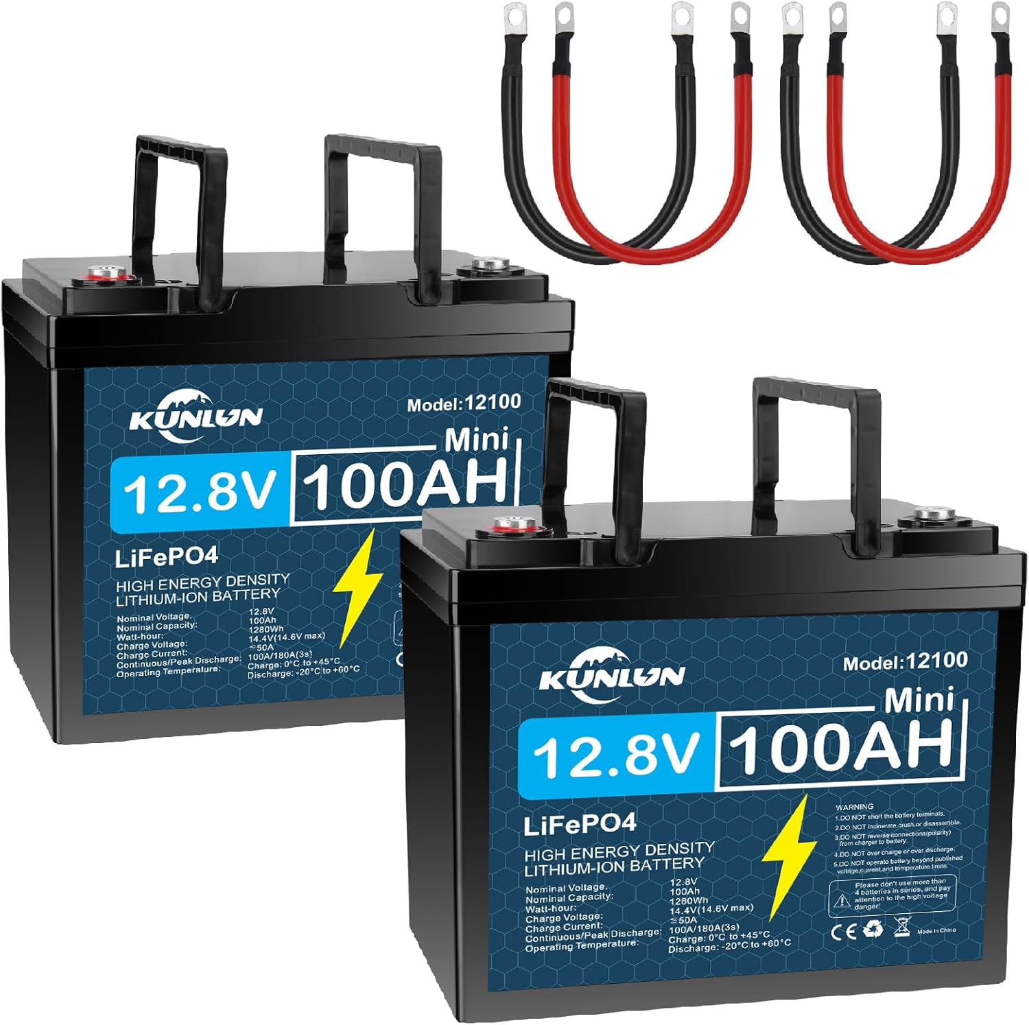 KUNLUN 2Pack 12V 100Ah LiFePO4 Battery, 100A BMS Rechargeable Lithium Battery with Up to 5000 Cycles & 10 Years Lifespan,1280Wh Support in Series and Parallel, Perfect for RV, Solar Energy,Van,Trailer