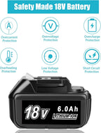 JYJZPB 2 Pack 18V Batteries Compatible for Makita 18 Volt Battery BL1860B BL1820B BL1830B BL1840B BL1850B LXT-400 Fit for Makita 18V Cordless Power Tools, with 6000 mAh High Capacity
