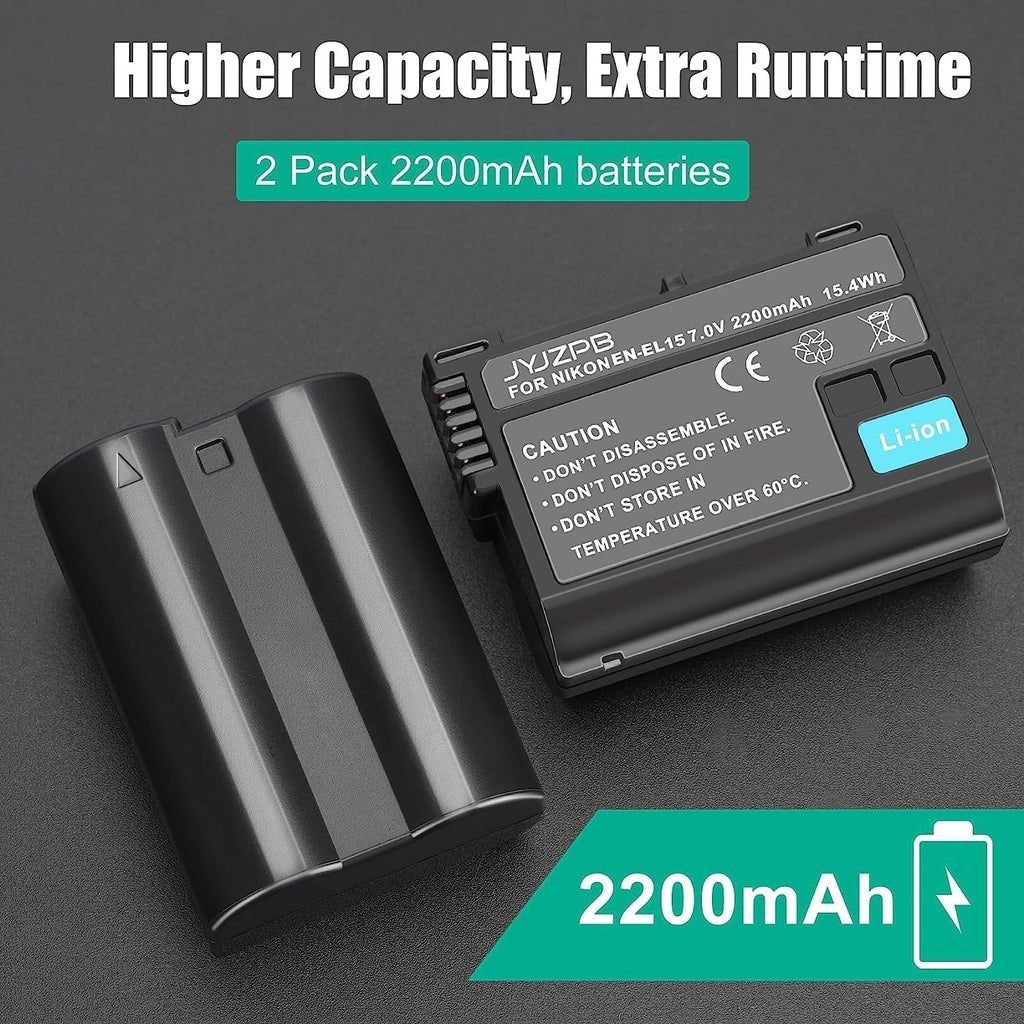 JYJZPB 2 Packs EN-EL15 Batteries for Nikon D7500, D750, Z6, Z6 ii, Z6iii, Z7, Z7ii, Z8, D500, D600, D610, D810, D800, D800E, D710E, D850, D7000, D7100, D7200 Camera