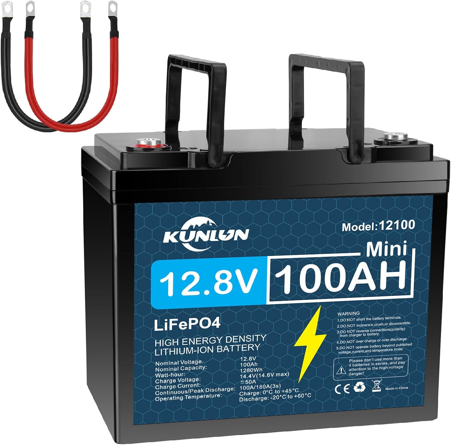 KUNLUN 12V 100Ah LiFePO4 Lithium Battery with Low-Temp Protection, Built-in 100A BMS, 5000+ Cycles Lithium Iron Phosphate Rechargeable Battery for Solar, RV, Marine,Camping, Home Energy Storage