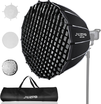 JYJZPB 35.4inch/90cm Quick Set up/Folding Parabolic Softbox, with Diffusers/Honeycomb Grid/Bag, Compatible for JYJZPB COB LED Video Light and Other Bowens Mount Lights Speedlight Softbox