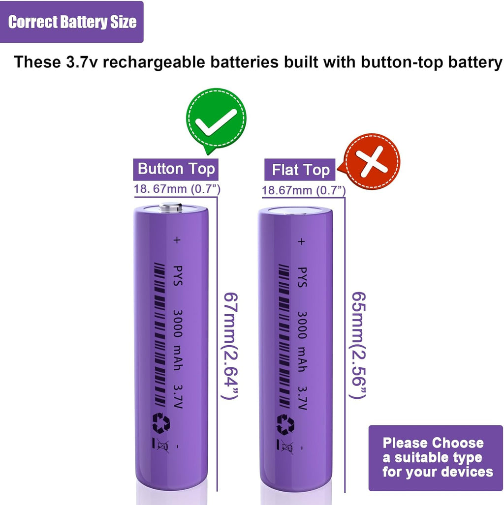 JYJZPB 3.7 Volt Rechargeable Battery 3000mAh Button Top Lithium ion Battery High Power Long Lasting for Headlamp, LED Flashlight, Solar Light, Electronic Devices etc