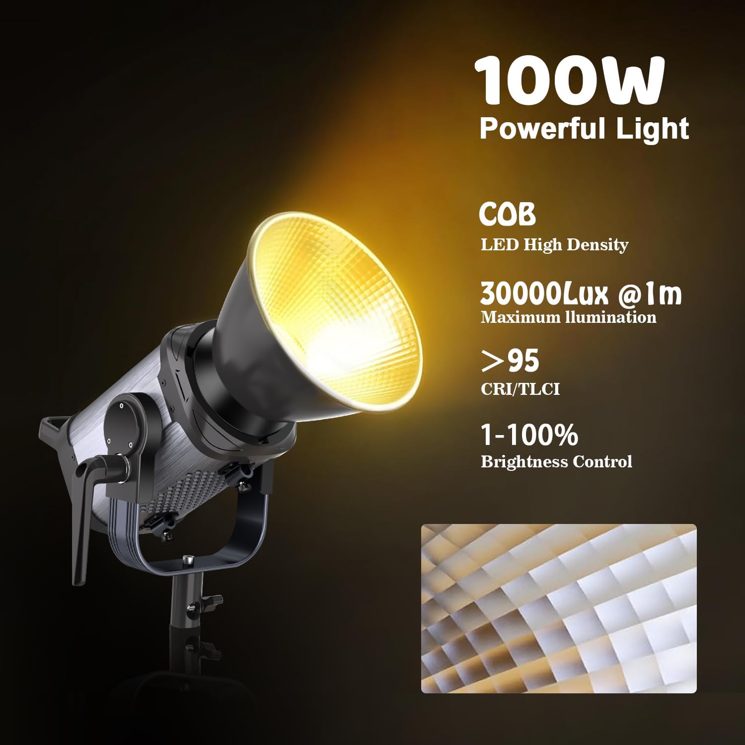 JYJZPB 100W COB LED Video Light with Remote Control, All Metal Bi Color COB Continuous Output Lighting with 30000Lux/1m 3200K-5600K CRI/TLCI97+ 12 Effects for Video Recording