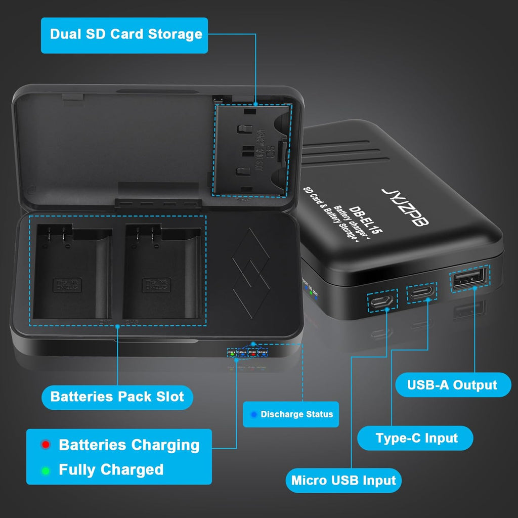 JYJZPB EN-EL15 EN-EL15B EN-EL15C Battery Charger with 2 SD Card Slots and USB Output Fit for Nikon D7500, ZF, Z8, Z7, Z6, D500, D600, D850, D7000, D7100 Camera Batteries (Battery Charger Only)