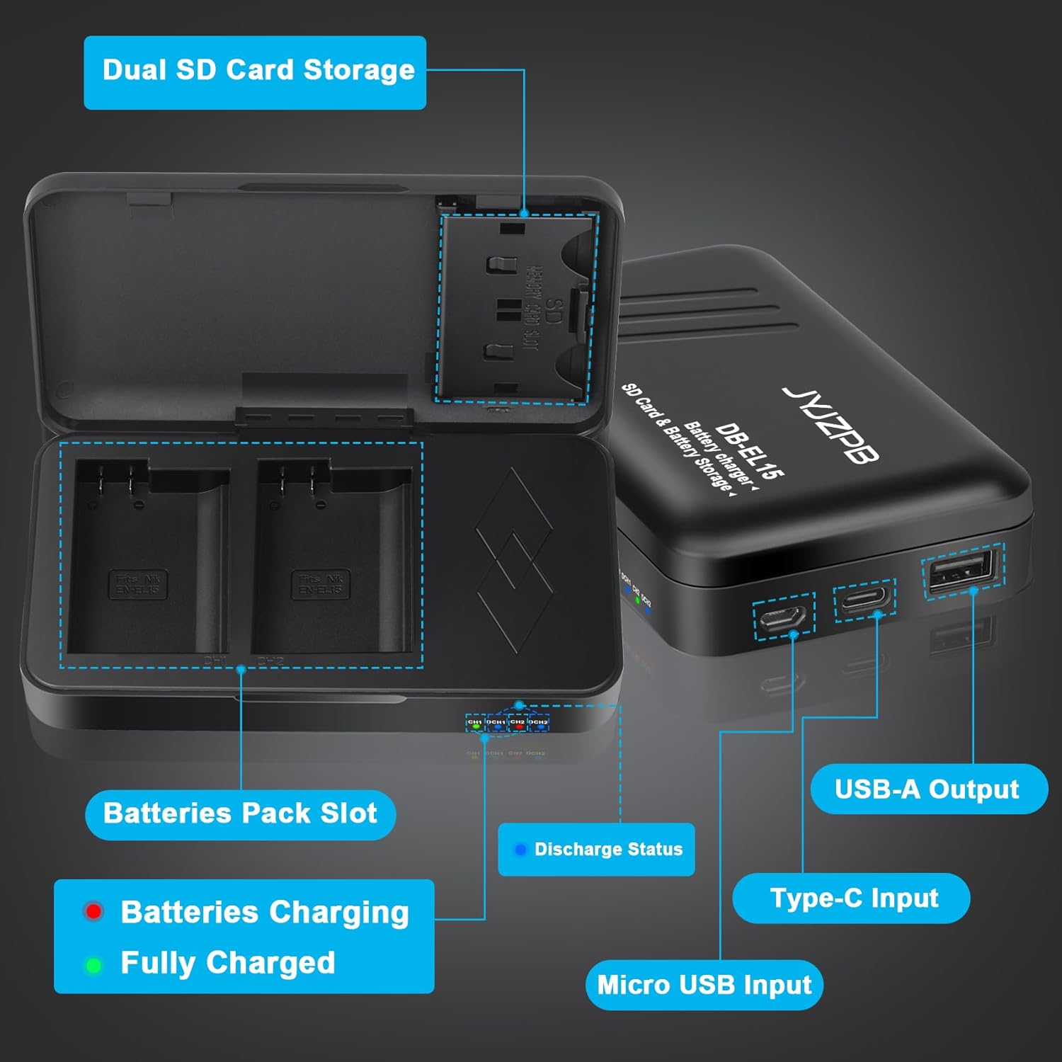 JYJZPB EN-EL15 EN-EL15B EN-EL15C Battery Charger with 2 SD Card Slots and USB Output Fit for Nikon D7500, ZF, Z8, Z7, Z6, D500, D600, D850, D7000, D7100 Camera Batteries (Battery Charger Only)