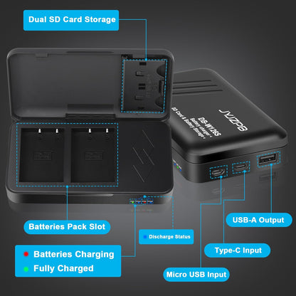 JYJZPB NP-W126S Charger Case with 2 SD Card Slots and USB Output Fit for Fujifilm X100VI X100F X-T20 X-T30 X-T2 X-A5 X-A10 X-A3 X-A2 X-A1 X-T10 X-T30II X-T100 X-T200 Camera Batteries (Charger Only)