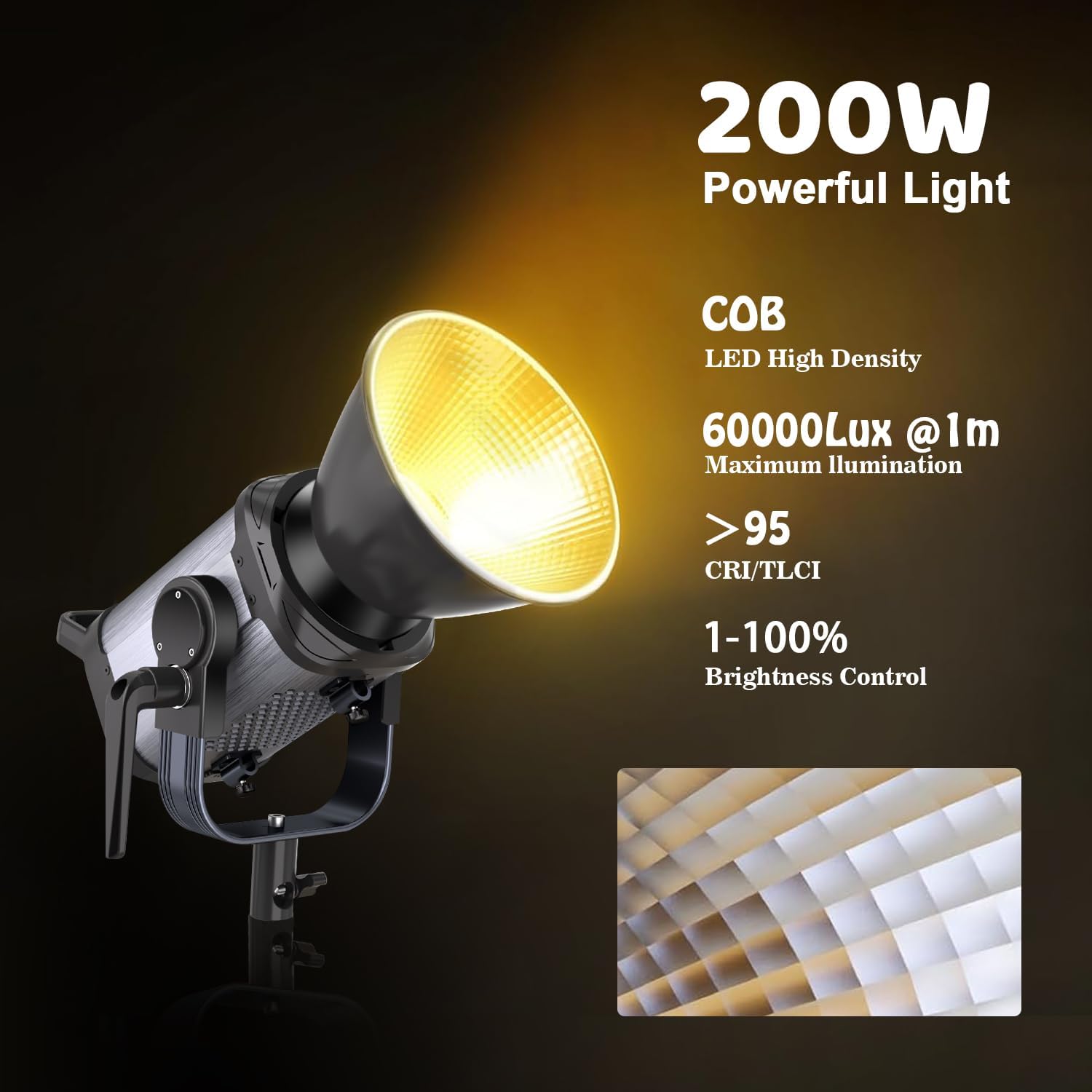JYJZPB 200W COB LED Video Light with Remote Control, All Metal Bi Color COB Continuous Output Lighting with 60000Lux/1m 3200K-5600K CRI/TLCI97 for YouTube/TikTok/Video Recording