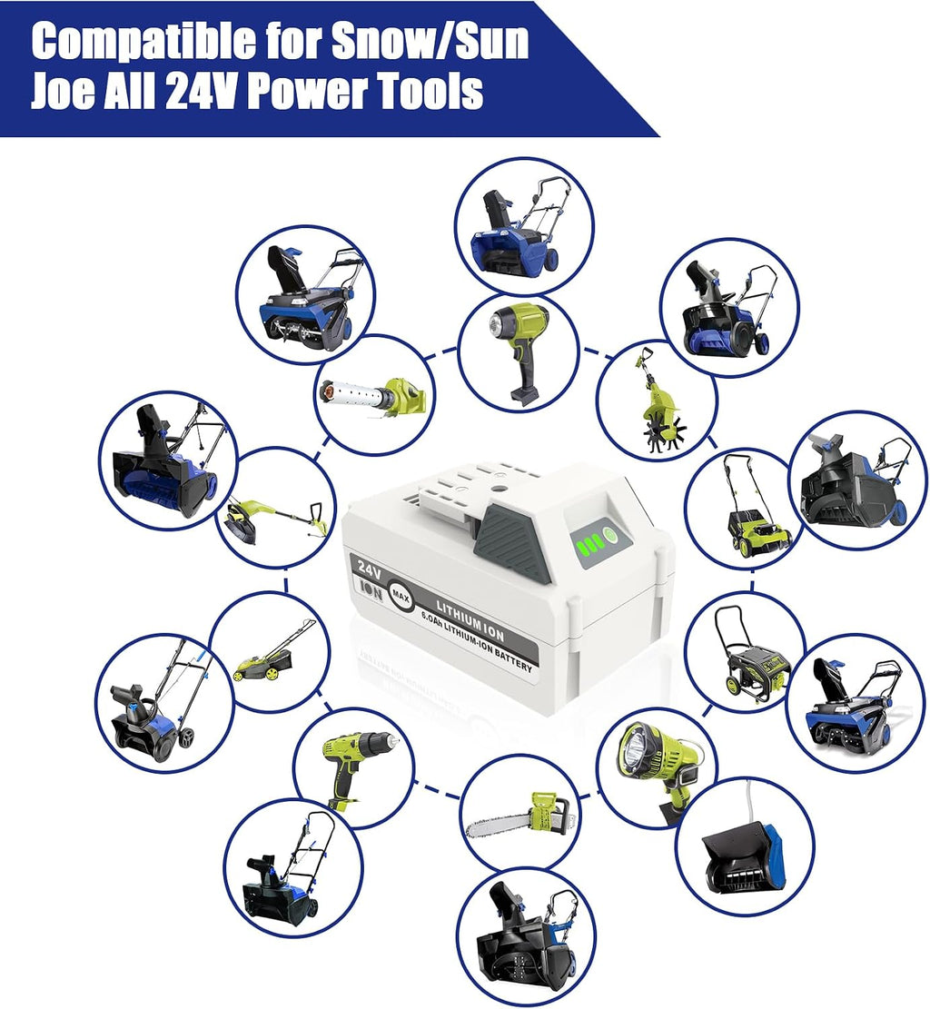 JYJZPB 6.0Ah Battery + Quick Charger for Snow Joe + Sun Joe 24 Volt IONMAX Starter Kit