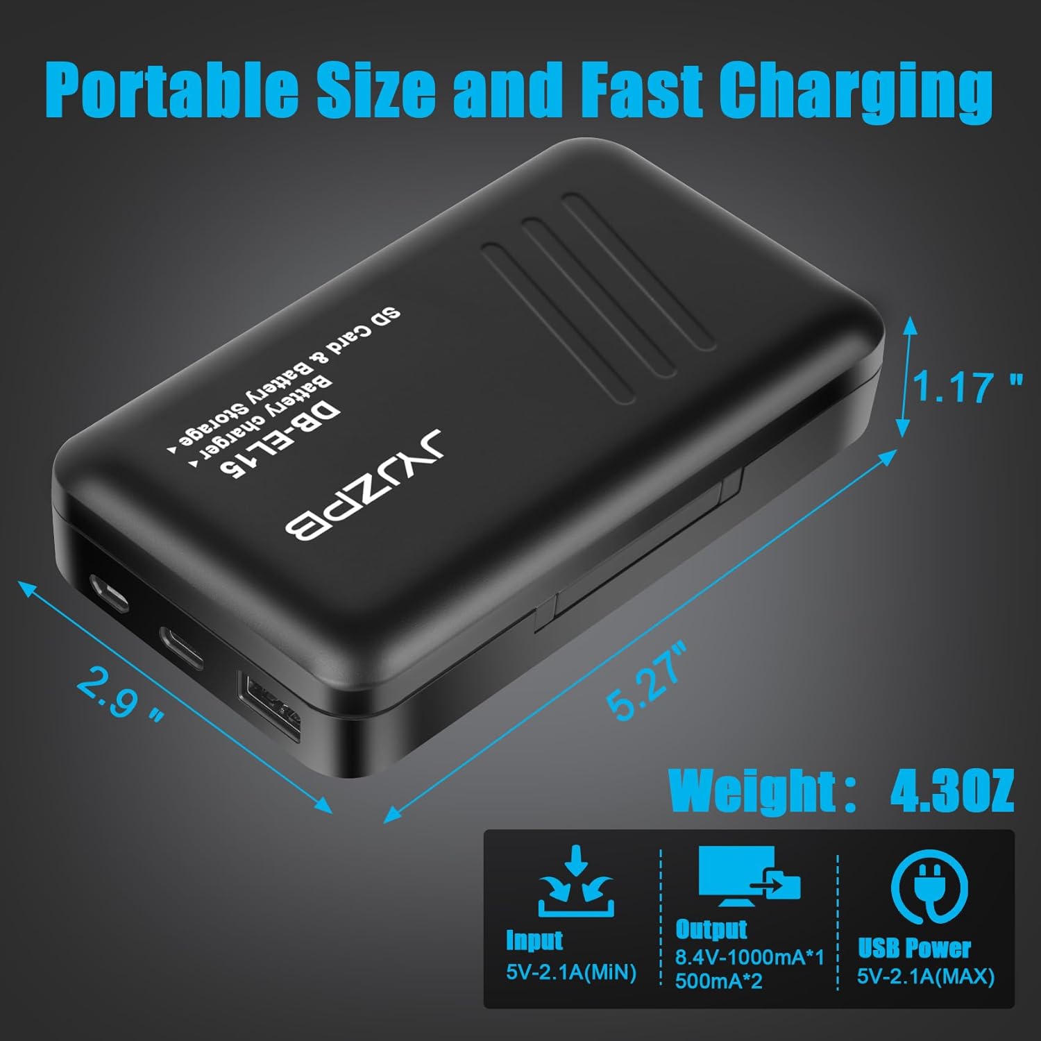 JYJZPB EN-EL15 EN-EL15B EN-EL15C Battery Charger with 2 SD Card Slots and USB Output Fit for Nikon D7500, ZF, Z8, Z7, Z6, D500, D600, D850, D7000, D7100 Camera Batteries (Battery Charger Only)