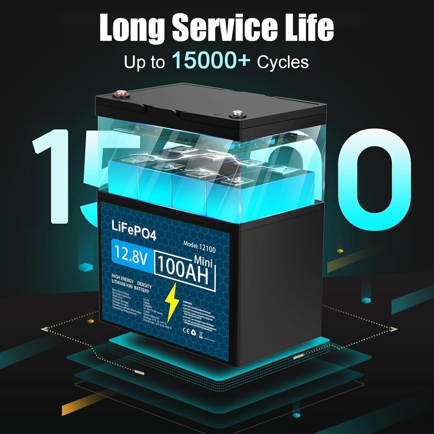 KUNLUN 12V 100Ah LiFePO4 Lithium Battery with Low-Temp Protection, Built-in 100A BMS, 5000+ Cycles Lithium Iron Phosphate Rechargeable Battery for Solar, RV, Marine,Camping, Home Energy Storage