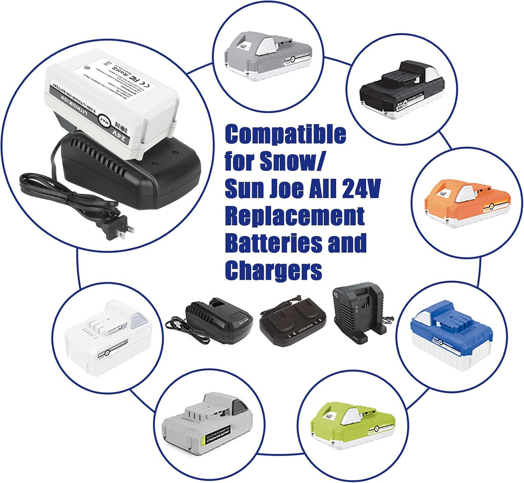 JYJZPB 6.0Ah Battery + Quick Charger for Snow Joe + Sun Joe 24 Volt IONMAX Starter Kit