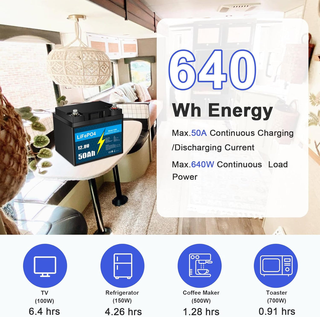 KUNLUN 12V 50Ah LiFePO4 Lithium Battery, Built-in BMS, Deep Cycles and 10 Year Lifespan, 640Wh Support in Series/Parallel, Perfect for RV, Camping, Trailer, Trolling Motor, Home Solar Off-Grid System