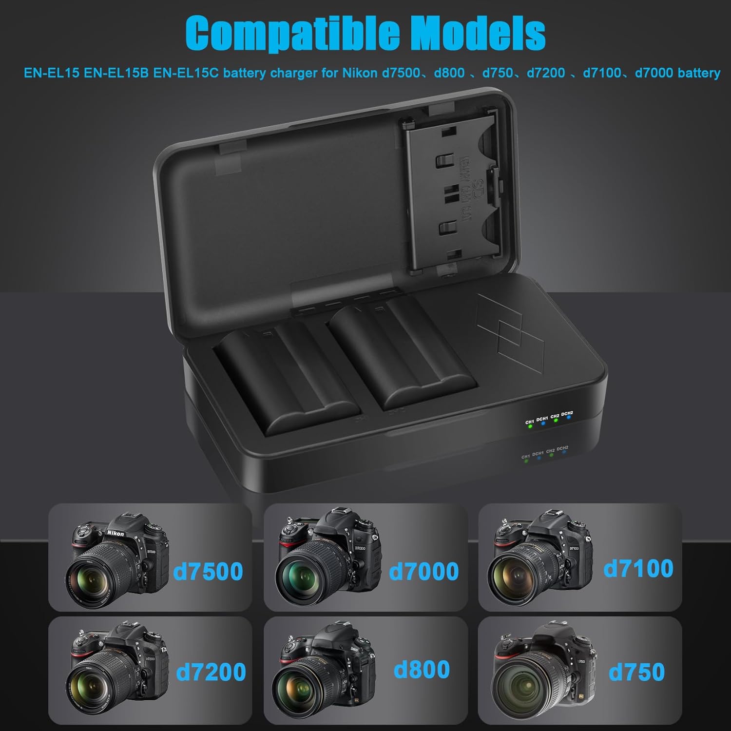 JYJZPB EN-EL15 EN-EL15B EN-EL15C Battery Charger with 2 SD Card Slots and USB Output Fit for Nikon D7500, ZF, Z8, Z7, Z6, D500, D600, D850, D7000, D7100 Camera Batteries (Battery Charger Only)