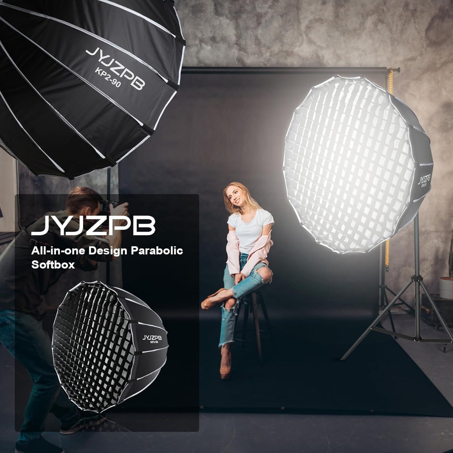 JYJZPB 35.4inch/90cm Quick Set up/Folding Parabolic Softbox, with Diffusers/Honeycomb Grid/Bag, Compatible for JYJZPB COB LED Video Light and Other Bowens Mount Lights Speedlight Softbox