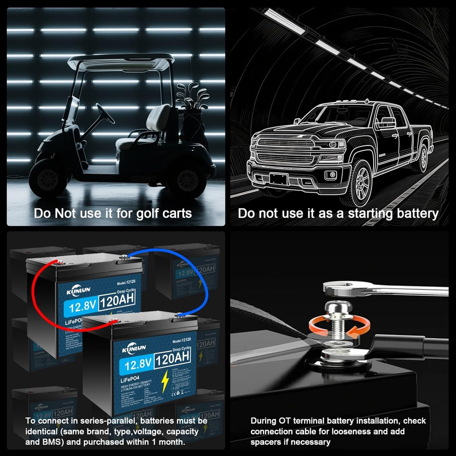 KUNLUN 12V 120AH LiFePo4 Lithium Battery Group 24 With Built-in 100A BMS, Deep Cycles 12V RV Batteries, Perfect for RV, Solar, Marine, Camping, Trolling Motor, Replacement of 12V 100AH LiFePo4 Battery