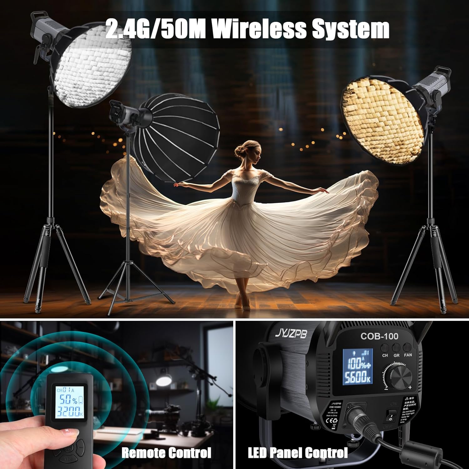 JYJZPB 100W COB LED Video Light with Remote Control, All Metal Bi Color COB Continuous Output Lighting with 30000Lux/1m 3200K-5600K CRI/TLCI97+ 12 Effects for Video Recording