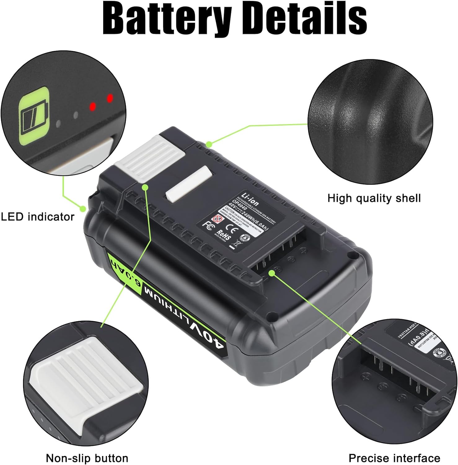 OP4060A 6.0Ah 40V Battery Replacement for RYOBI 40V Battery OP4040A OP4026 OP4030A OP4050A OP4060A1, 2 Packs 40V Battery Compatible for RYOBI 40V Collection Cordless Power Tools
