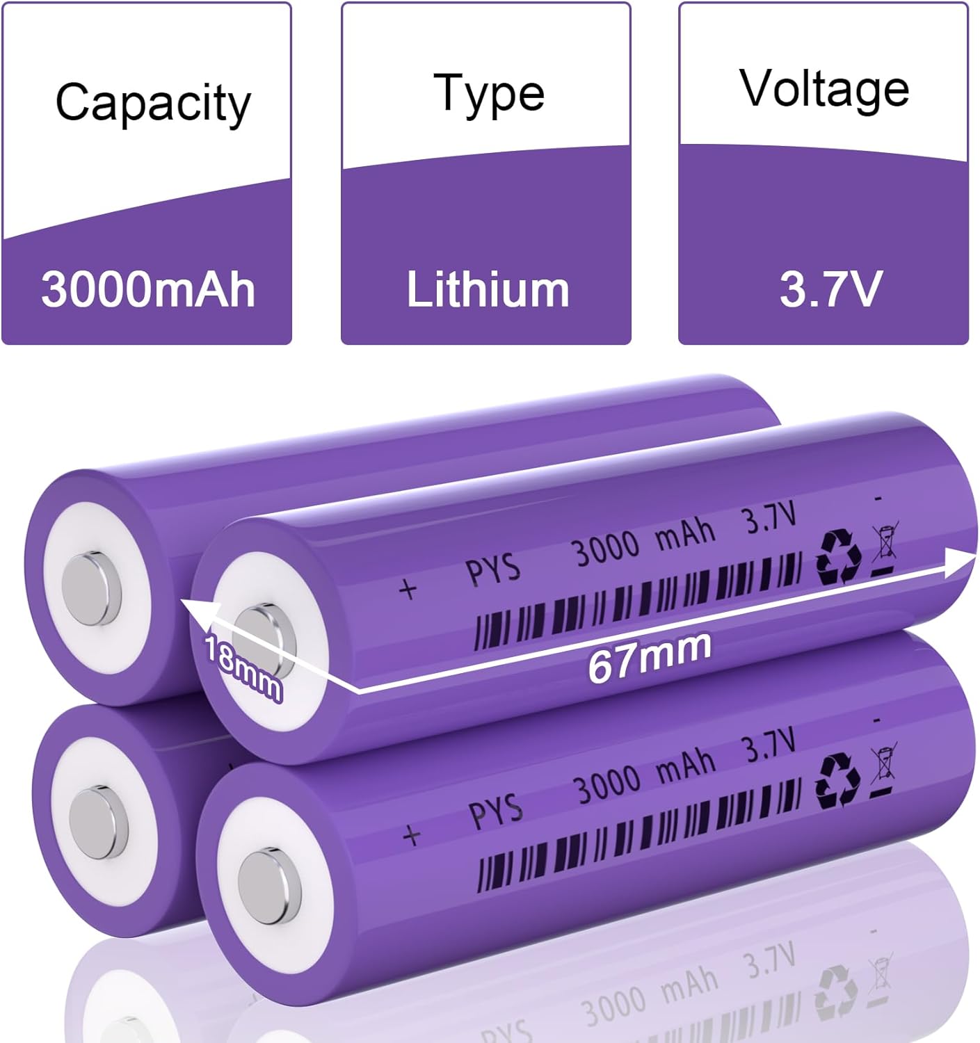 JYJYPB 18650 Rechargeable Battery 3.7V 18650 Battery Li-ion Cell 3000mAh for Flashlight, 8 Packs