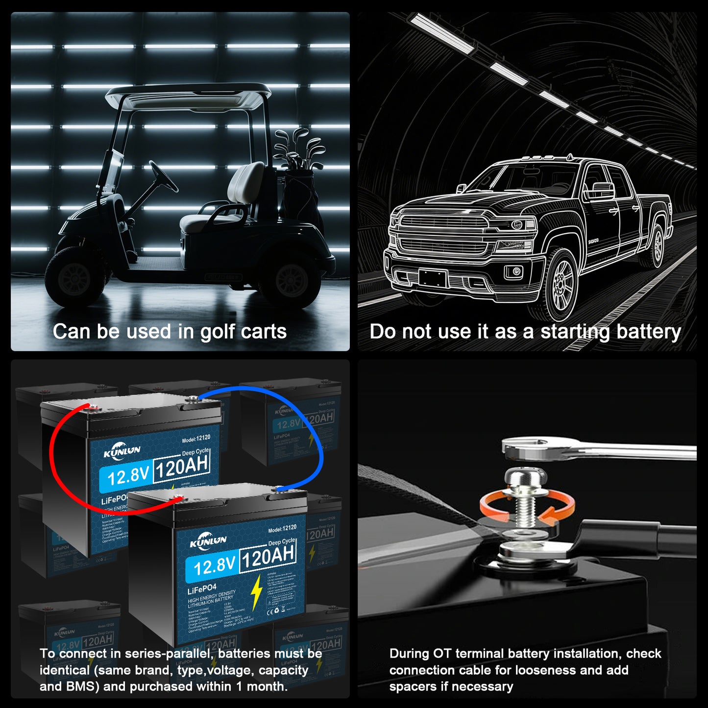 REACELL 12V 120Ah LiFePo4 Battery Pack For 4S4P BMS RV,Boat Motors,Solar Powerlar Wind 12.8V Lithium Iron Phosphate Battery