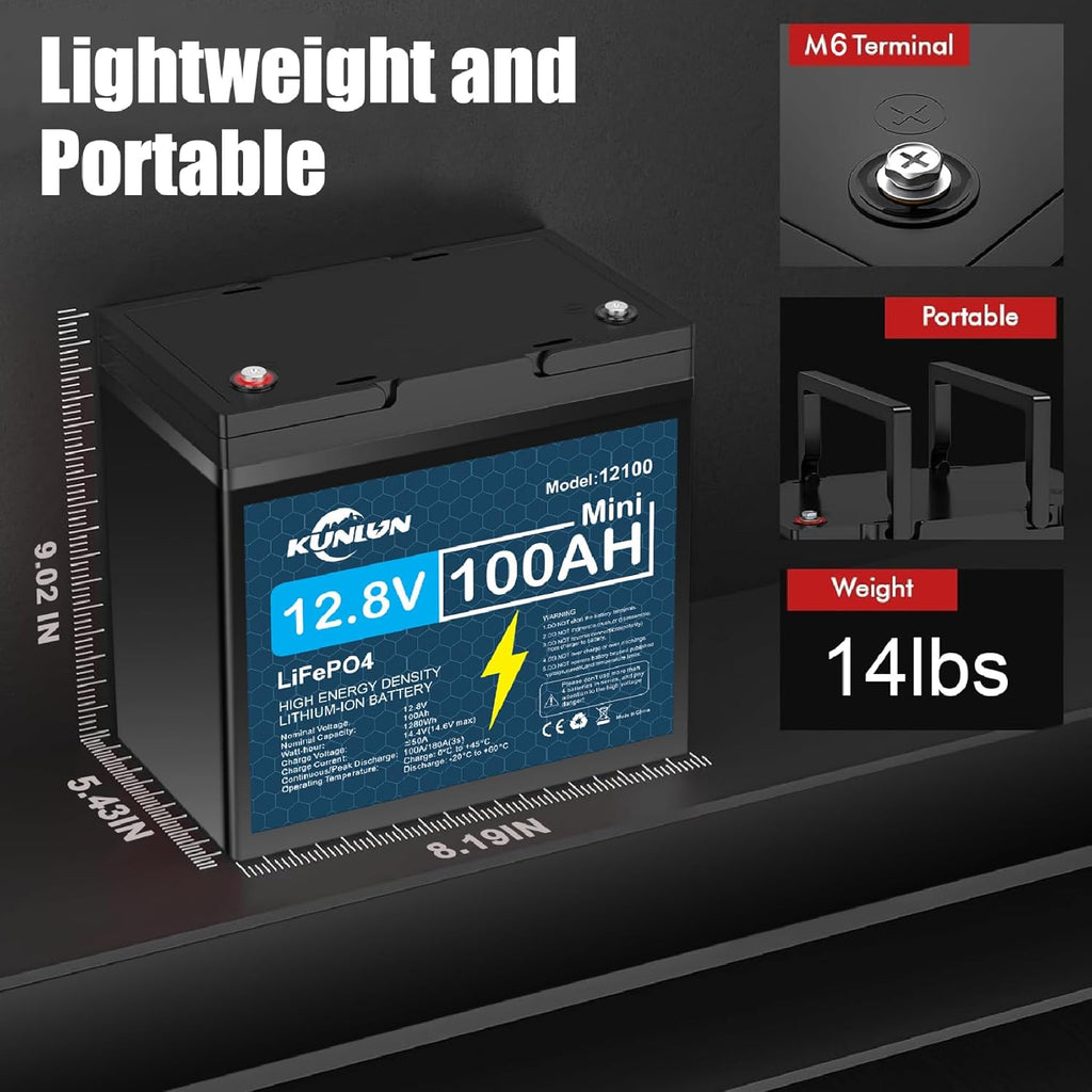 KUNLUN 12V 100Ah LiFePO4 Lithium Battery with Low-Temp Protection, Built-in 100A BMS, 5000+ Cycles Lithium Iron Phosphate Rechargeable Battery for Solar, RV, Marine,Camping, Home Energy Storage