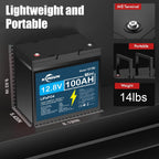 KUNLUN 12V 100Ah LiFePO4 Lithium Battery with Low-Temp Protection, Built-in 100A BMS, 5000+ Cycles Lithium Iron Phosphate Rechargeable Battery for Solar, RV, Marine,Camping, Home Energy Storage