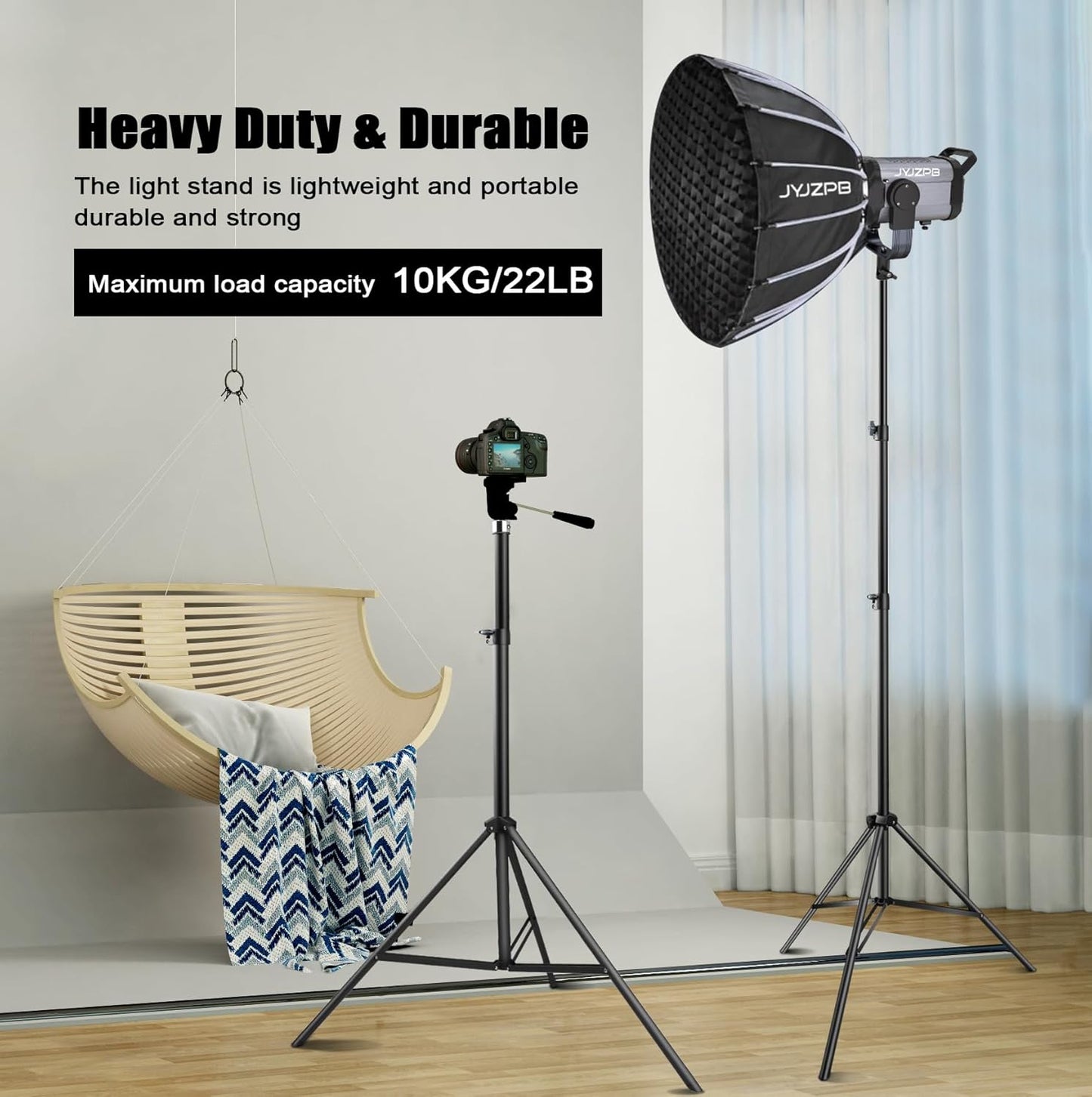 JYJZPB 110''/9.5Ft/280cm Heavy Duty Light Stand Photography Tripod Spring Cushioned Adjustable for Strobe, LED Video Light, Ring Light, Monolight, Reflector, Speedlight, Softbox, Max Load 10KG/22LB