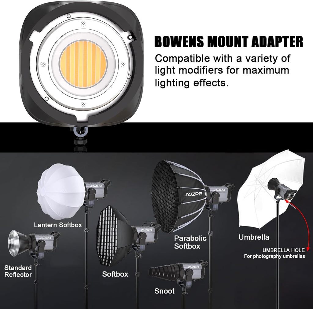 JYJZPB 100W COB LED Video Light with Remote Control, All Metal Bi Color COB Continuous Output Lighting with 30000Lux/1m 3200K-5600K CRI/TLCI97+ 12 Effects for Video Recording