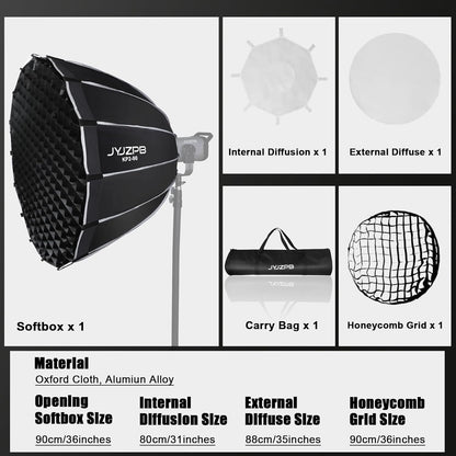 JYJZPB 35.4inch/90cm Quick Set up/Folding Parabolic Softbox, with Diffusers/Honeycomb Grid/Bag, Compatible for JYJZPB COB LED Video Light and Other Bowens Mount Lights Speedlight Softbox