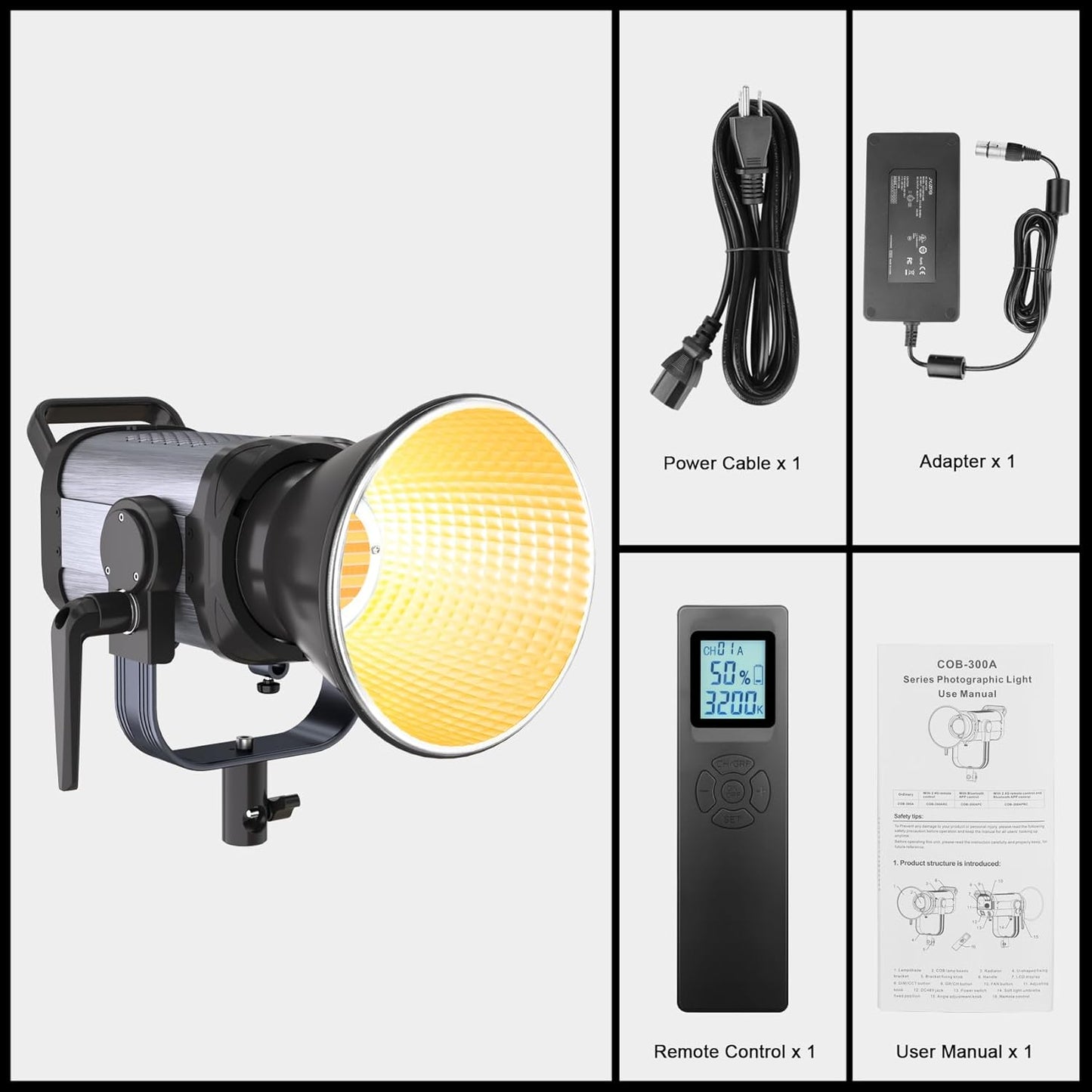 JYJZPB COB 300W Bi-Color LED Video Light with 2.4G Wireless Remote LCD Screen Full Color Continuous Output Lighting for Photography