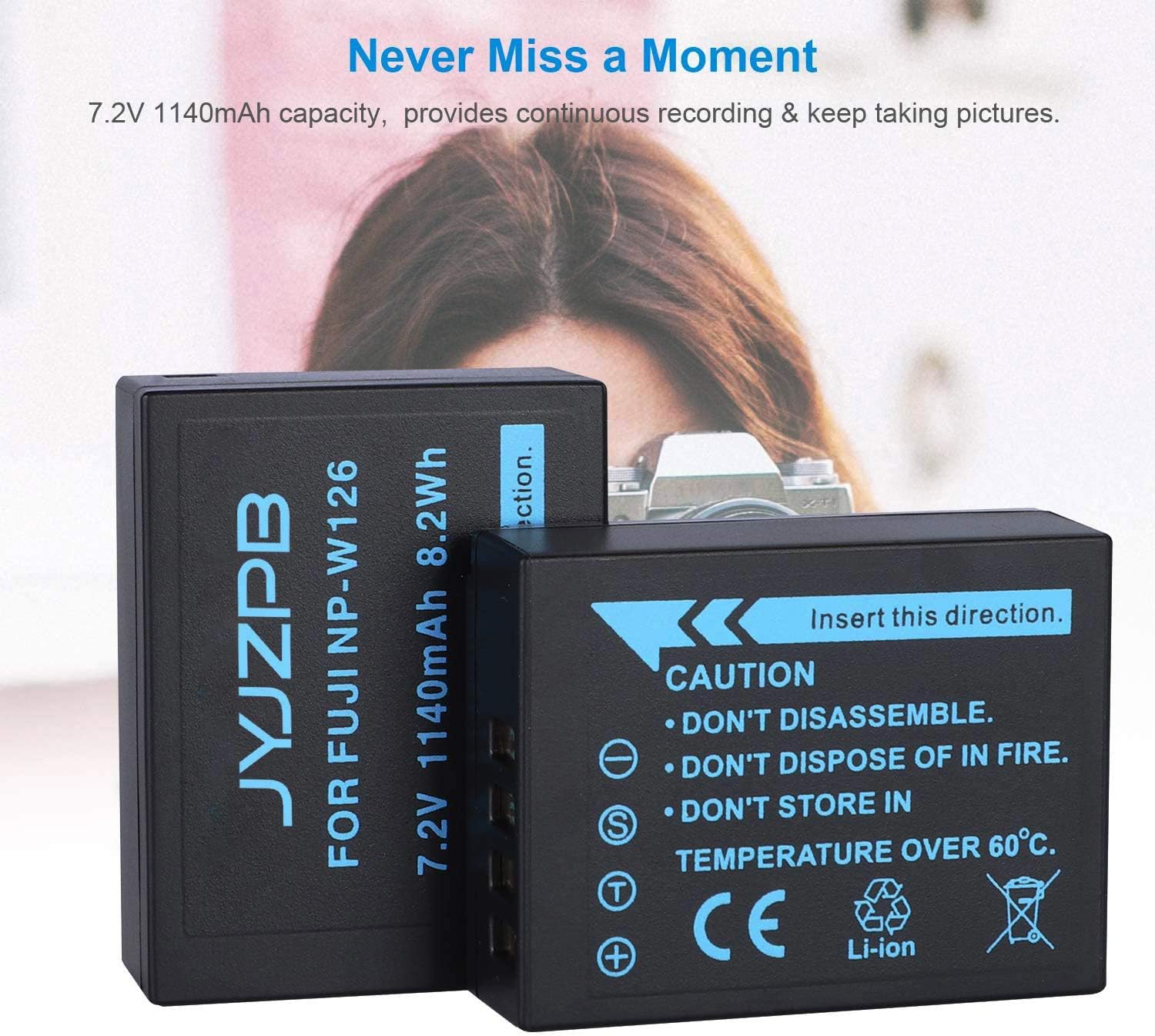 2 Packs JYJZPB 1140mAh NP-W126S NP-W126 Fujifilm Batteries Charger Set for Fuji X-T3 X-T2 X-T1 X-A5 X-A10 X-A7 X-A5 X-A3 X-A2 X-A1 X-E2 X-E1 X100F X-H1 X-M1 X-Pro2 X-Pro1 Fujifilm X-T20 X-T10 X-T30 X-T100 X-T200