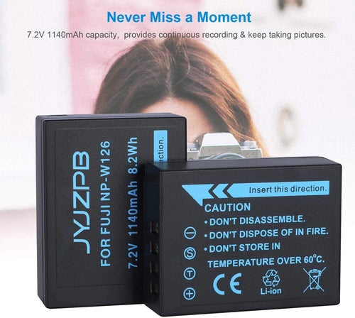 2 Packs JYJZPB 1140mAh NP-W126S NP-W126 Fujifilm Batteries Charger Set for Fuji X-T3 X-T2 X-T1 X-A5 X-A10 X-A7 X-A5 X-A3 X-A2 X-A1 X-E2 X-E1 X100F X-H1 X-M1 X-Pro2 X-Pro1 Fujifilm X-T20 X-T10 X-T30 X-T100 X-T200
