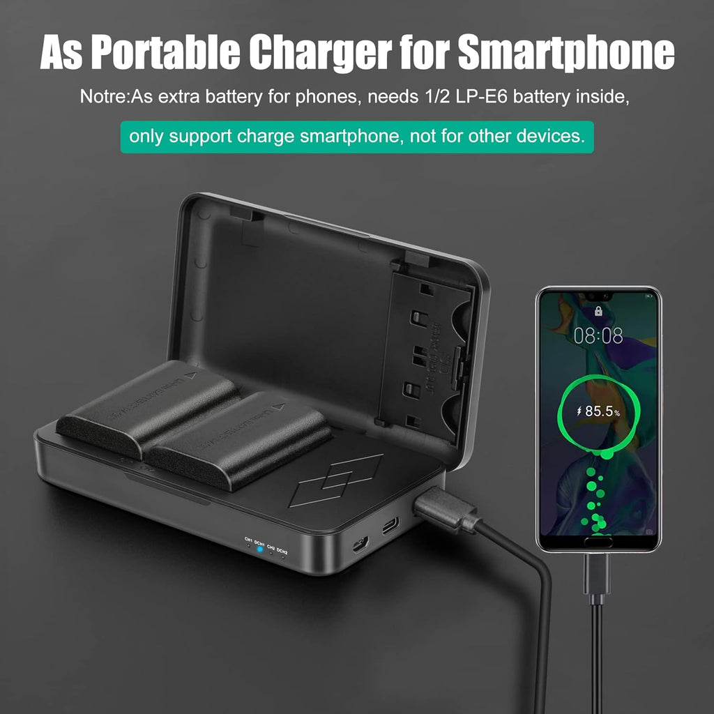 2 Packs JYJZPB LP-E6N Canon EOS Batteries and LP-E6 Battery Charger Case fit for Canon EOS R, EOS R5, EOS 90D, EOS 60D, 70D, 80D, 5D II, 5D III, 5D Mark IV, 6D, 6D II, 7D, 7D II, XC10, XC15