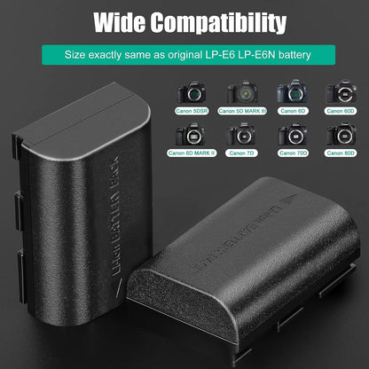 2 Packs JYJZPB LP-E6N Canon EOS Batteries and LP-E6 Battery Charger Case fit for Canon EOS R, EOS R5, EOS 90D, EOS 60D, 70D, 80D, 5D II, 5D III, 5D Mark IV, 6D, 6D II, 7D, 7D II, XC10, XC15